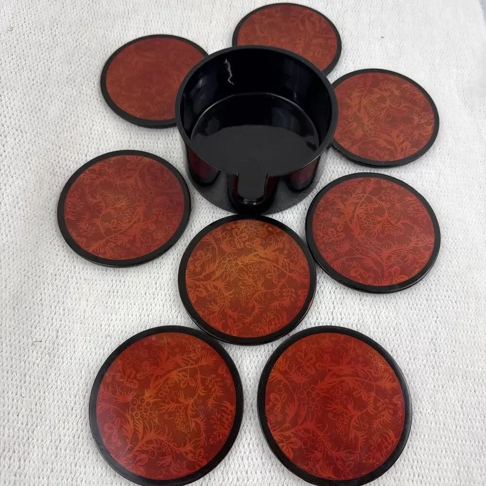 Vintage Occupied Japan Lacquerware Coasters Set 8 Black Red Holder 1945-1952